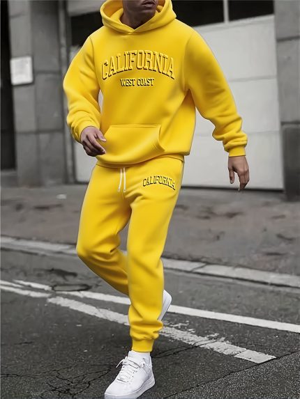 Men'S California West Coast Hoodie & Sweatpants Set - Cozy Fleece-Lined, Loose Fit, 3D Embossed Design, Long Sleeve, Casual Streetwear for Fallu002FWinter, Comfortable Clothing|Casual Style|Fleece Lined Pants, Sweater Hoodie, Thick