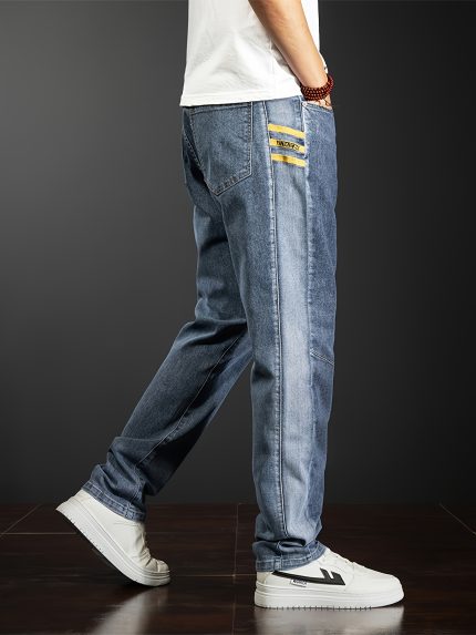 Men's Slim-Fit Stretch Denim Jeans with Multi-Panel Color-Blocking & Thighu002FAnkleu002FBacku002FSeat Embellishments - Breathable Mid-Rise Straight Leg, Machine Washable Blue Washed Jeans for All-Season Casual & Daily Wear (Comfortable Non-Tight Stretch Fabric), Versatile Pants, Embroidered Details, Durable Stitching, Comfortable Fit, Urban Style