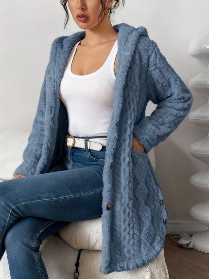 Women's Thick Winter Cardigan Coat - Hooded Collar Longline Teddy Sweater Jacket with Button Front & Pockets, Machine Washable Solid Color Warm Outerwear for Fall and Winter (No, Casual to Formal)