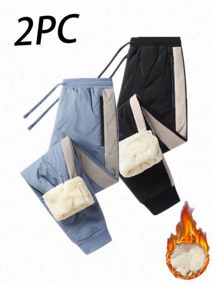 Two-Pack Women's Fleece-Lined Winter Warm Pants - Thickened Windproof Drawstring Casual Trousers with Side Zip Pockets, Hem Trim for Outdoor Activities, Ladies Fallu002FWinter Clothing in Contrast Color Design, Pants For Women Winter, Lightweight Pants For Women, Women Winter Pants, Winter Trousers For Women, Comfy Pants Women