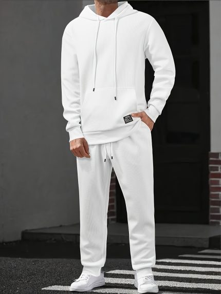 2pcs Men's Heavyweight Waffle Knit Thermal Hooded Sweatsuit Set - Oversized Hoodie & Jogger Pants, Thick Winter Warmth, Casual Solid Black Tracksuit, Comfortable Matching Outfit for Fall and Winter Layering, Long Sleeve Drawstring Pants with Pockets, Relaxed Fit for Casual Attire