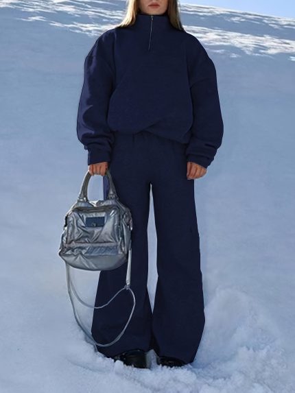 2pcs Grey Sweatshirt Set 2pcs Women's Grey Solid Color Zippered Half-Open Shoulder Loose Sweatshirt and Joggers Set | Long Sleeve Oversized Two-Piece Outfit for Casual Daily Wear, Suitable for Springu002FAutumn Season