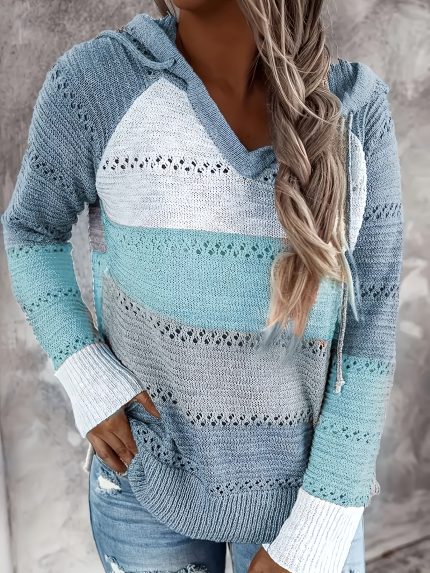 Women'S Outdoor Long Sleeve Color Block Pulloveru002FCardigan - Striped V-Neck Sweatshirt Jacket with Belly Support, Slim Fit Casual Sporty Top for Fallu002FWinter, Hiking & Casual Attire, Winter Camping Gear, Durable Outdoor Wear, Hiking Apparel, Sporty Design, Warm Fabric, Women