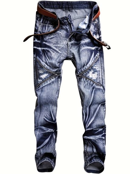 Men'S Floral Decoration Zipper Wash Straight Leg Casual Blue Faux Denim Without Belt