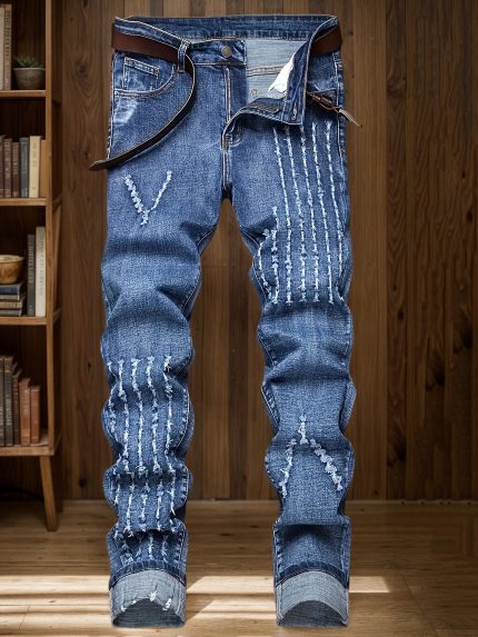 Men's slim-fit jeans, made of stretch blend, with a casual street style, featuring ripped details, comfortable and versatile, suitable casual wear, fashionable long pants Slim-fit jeans Durable fabric