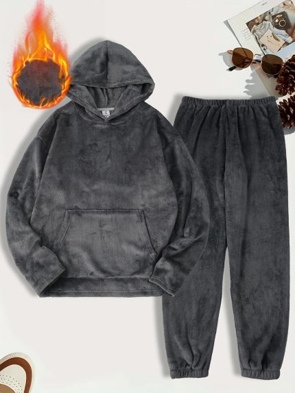 Men'S Cozy Fleece Hoodie & Sweatpants Set - Gray, Long Sleeve, Drawstring Waist, Casual Style with Pockets, Perfect for All Seasons, Comfortable Clothing|Casual Style|Fleece Fabric