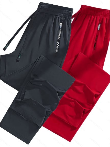 Two-Pack Women'S Ice Sliky Fiber Fabric Joggers with Flat Hem, Lightweight Breathable Soft Elastic Fabric, High-Waisted Drawstring Waist, Solid Color for Summer Casual & Sports Wear, Workout Pants, Comfortable Fit, Smooth Texture