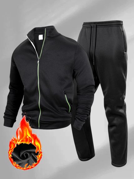 1 Set Men'S Autumnu002FWinter Color-Block Zip-Up Fleece-Lined Fashion Jacket and Straight-Leg Pants 2pcs Outfit, Suitable for Casual Wear, Outdoor Sports, Fitness, Travel, Hiking, etc, Non-Stretchy Length, Heavy-Fabric, Lounge Pants