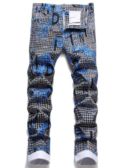 Men'S Slim-Fit Stretch Denim Jeans with Unique Digital Print Design - Mid-Rise, Cotton Blend, Street Style Casual Pants in Blue & Black Grid Pattern, Street Style Jeans | Modern Casual Jeans | Zipper Detail Pants