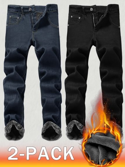 2-Pack Men'S Slim Fit Fleece-Lined Thermal Faux Denim - Winter Warmth with Elastic Comfort Waist & Minimalist Design, Solid Black & Blue Faux Denim for Casual & Formal Wear, Versatile Everyday Pants (No Bulk, Durable Fleece Lining), Cold Weather Clothing, Seasonal Fashion, Modern Menswear, Stylish Trousers, Highquality Stitching, Comfortable Waistband, Warm Trousers, Men Jean, Designer Jean Men, Jean Pant For Men, Men Pant