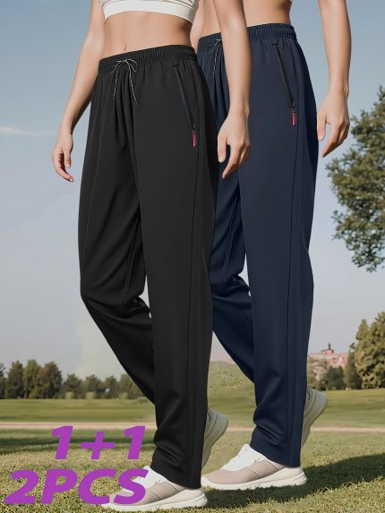 2pcs Women'S Quick-Dry Athletic Pants - Breathable, Comfortable Running & Casual Joggers with Drawstring Waist, Solid Color, Zipper Detail, Perfect for Springu002FSummeru002FFall, Jogging Pants, Women' Straight Jogger Elastic Waist Sport, Gym Clothe Women, Legging For Women, Women'S Sports Pants, Women'S Jogging Pants, Women'S Sports Clothing, Women'S Pants