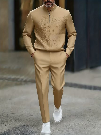 2025 Autumn New Khaki Paisley Pattern Men's Casual Sportswear Set, Fashionable Men's Casual Half-Zip Pullover Long Sleeve T-Shirt + Comfortable Sports Long Pants, Suitable for Daily, Sports, Walking