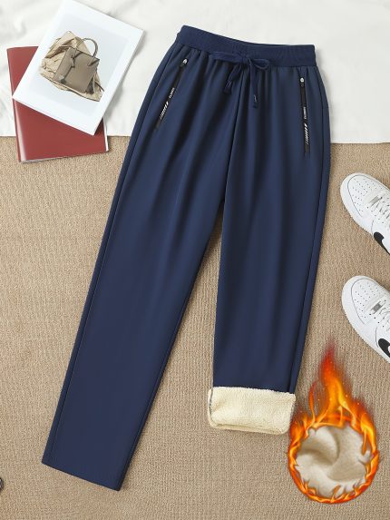 1pc Women'S Winter Pants - Thermal Insulated Non-Stretch Trousers with Drawstring Waist, Navy Blue Cold Weather Pants for Gym, Everyday & Formal Outfits - Non-Stretchy Leg Pants, Ladies Winter Pants, Casual Outdoor Wear, Elastic Waistband, Warm Fleece Lining, Gym Wear, Classic Design, Durable Fabric, Fitness Enthusiasts