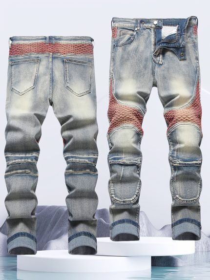 Men's Vintage Streetwear Jeans - Stretch Denim Pants with Knee-Ripped design, Mid-Rise Straight Leg, Machine Washable & All-Day Comfort for Casual, Office, Biker - Non-See-Through Fabric, Casual Wear, Retro Fashion, Comfortable Fit, Stylish Trousers, Urban Style