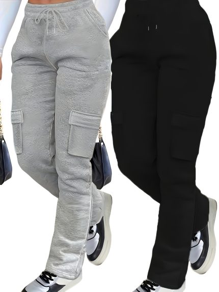 2pcs Fleece-Lined Jogger Pants 2pcs Women's Casual Jogger Pants - Soft Fleece-Lined, Elastic Waistband, Drawstring, Loose Fit, Solid Color (Black & Gray), Perfect for All Seasons, Comfortable Clothing | Relaxed Fit Pants | Jogging Pants