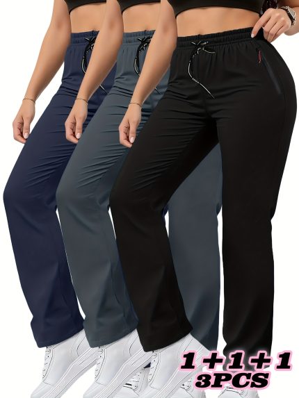 3pcs Women'S High-Waisted Athletic Pants - Non-Stretchy Workout Leggings with Zipper Closure, Navy - for Gym, Running, Yoga, Everyday Casual - Non-Stretch Fabric for Stability & Support - Springu002FFall Fitness Pants, Workout Leggings, Yoga Apparel