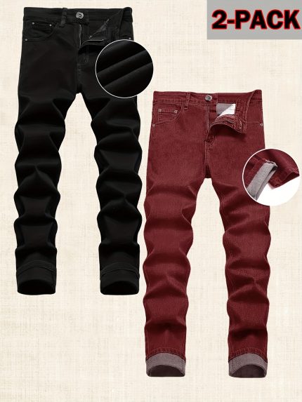 Two-Piece Men's Jeans Seasonless Fashion Slim Fit Classic Solid Color Comfortable Stretch Straight-Leg Pants Suitable for Casual Business Wear Everyday Leisure Outfits Travel Essentials Versatile Wardrobe