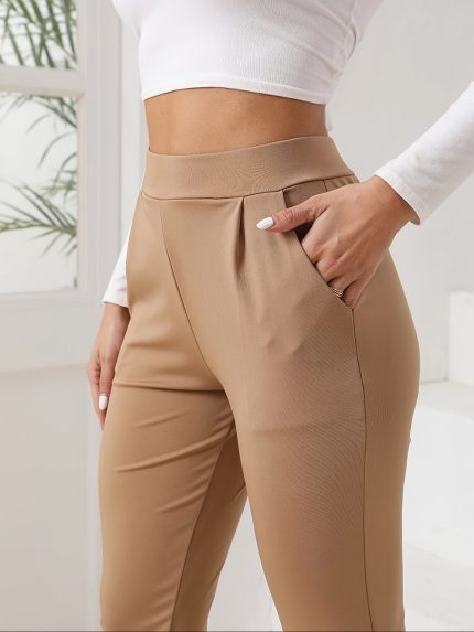 Women's Elastic Waist Pants Casual Elastic Waist Solid Pants with Pockets, Women's Versatile ClothingAll-Season Versatile Trousers for Casual Attire