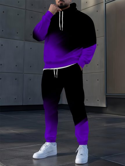 2pcs Men's & Women's Gradient Purple-Black Ombre Full-Body Print Hoodie & Jogger Set - Matching Couple Tracksuit with Hooded Sweatshirt & Drawstring Pants, Machine Washable Winter Warmth Casual Sportswear Outfit