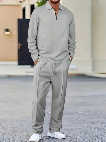 Men's Stylish Solid Color Striped Shirt Suit, Casual Half-zip Lapel Suit, Suitable for Daily Wear Going Out for Parties